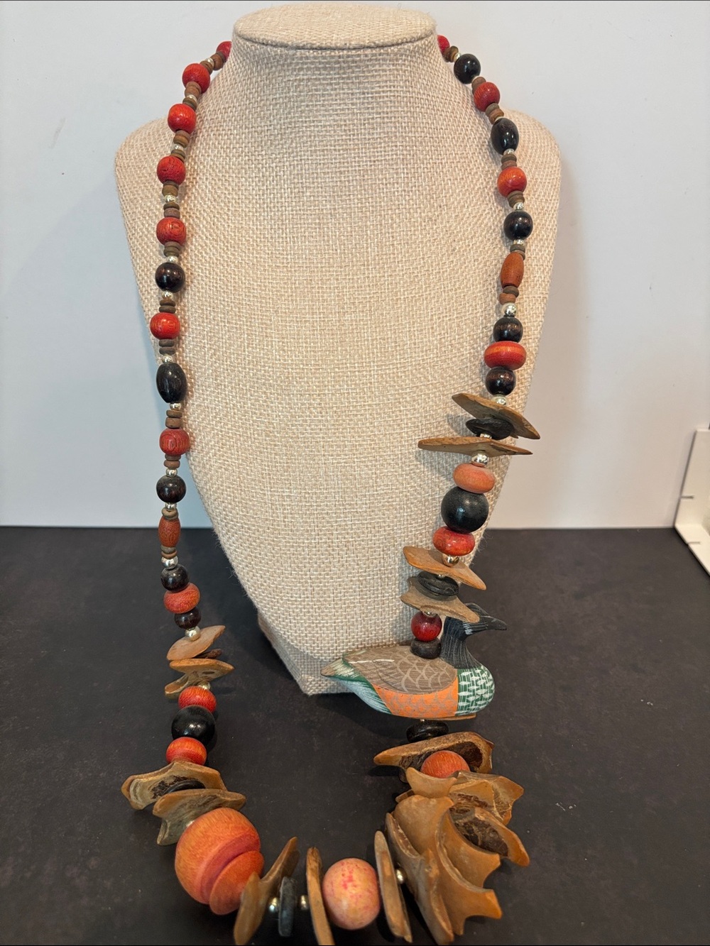 Vintage Boho Wooden Mallard Duck Statement Necklace